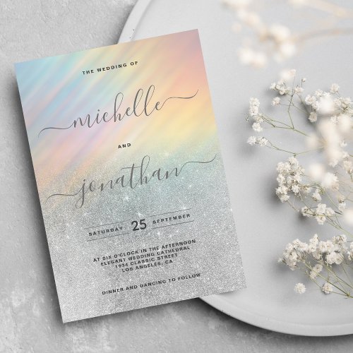 Chic Silver Glitter Holographic Rainbow Wedding Invitation