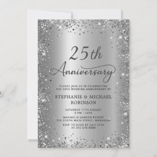 Chic Silver Glitter Metal 25th Wedding Anniversary Invitation