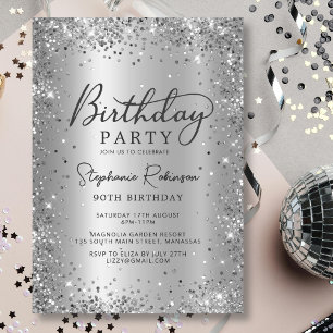 Chic Silver Glitter Metal Foil 90th Birthday Invitation