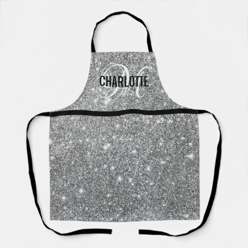 Chic silver glitter monogram name apron