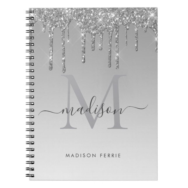 Chic  silver  glitter  Monogram spiral Notebook (Front)