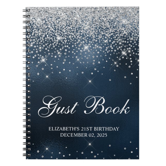 Chic Silver Glitter Navy Blue 21st Bday Guestbook Notebook (Front)