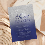 Chic silver glitter navy blue elegant Sweet 16 Invitation<br><div class="desc">A modern,  pretty chic and elegant faux silver glitter shower ombre with navy blue color block Sweet 16 birthday party invitation with and elegant silver frame Perfect for a princess Sweet sixteen.</div>