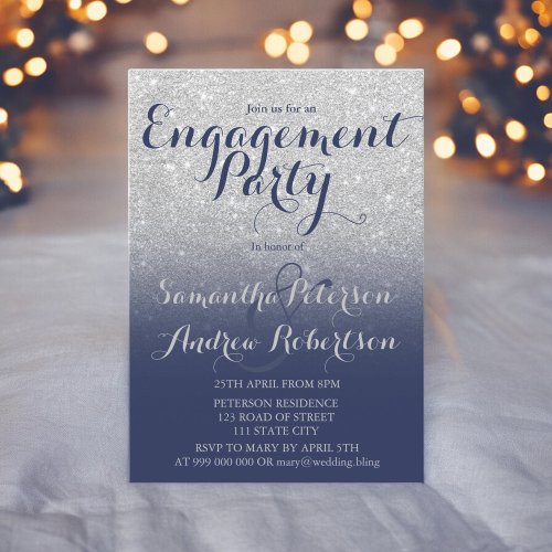 Chic silver glitter navy blue engagement party invitation