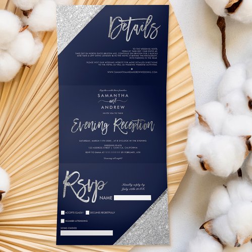 Chic silver glitter navy blue evening wedding Tri_Fold invitation