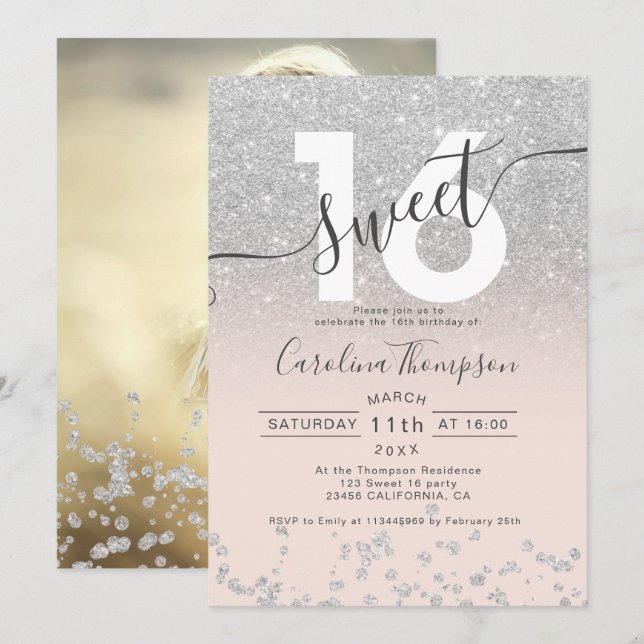 Chic silver glitter ombre blush Sweet 16 photo Invitation (Front/Back)
