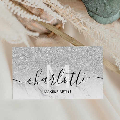 Chic silver glitter ombre marble name makeup logo business card