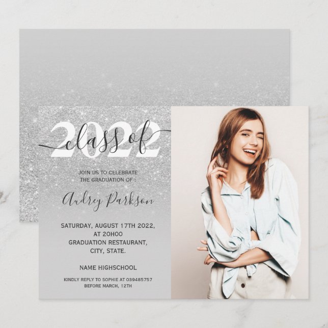 Chic silver glitter ombre photo graduation invitation (Front/Back)