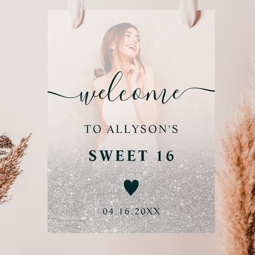 Chic silver glitter ombre photo Sweet 16 welcome Poster