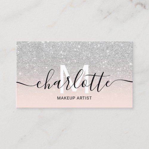 Chic silver glitter ombre pink  name makeup logo business card