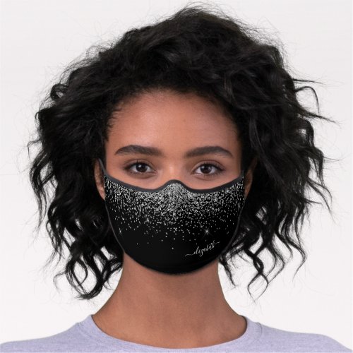 Chic Silver Glitter on Black Name Script Premium Face Mask