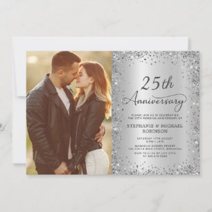 Chic Silver Glitter Photo 25th Wedding Anniversary Invitation