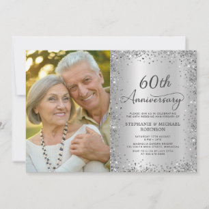 Chic Silver Glitter Photo 60th Wedding Anniversary Invitation