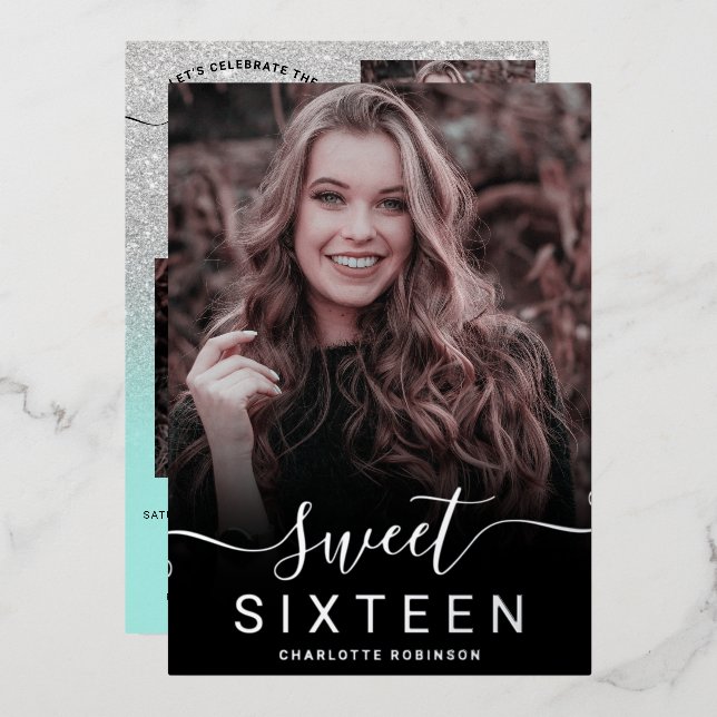Chic silver glitter pink ombre 5 photos sweet 16 foil invitation (Front/Back)