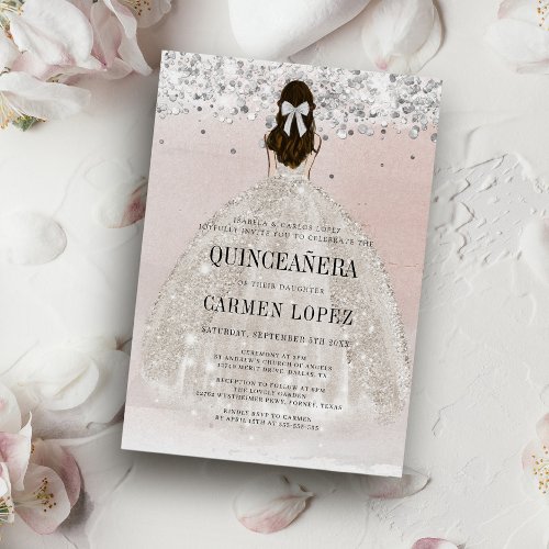 Chic Silver Glitter Princess Dress Quinceanera Invitation