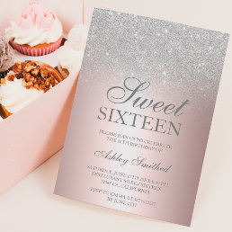 Chic silver glitter rose metallic foil Sweet 16 Invitation