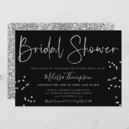 Chic silver glitter script black bridal shower invitation