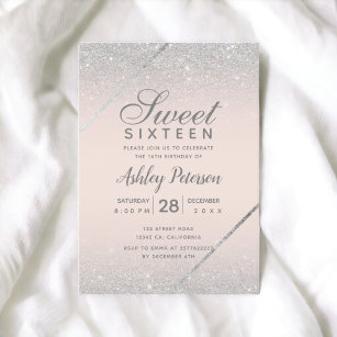 Chic silver glitter script blush pink Sweet 16 Invitation