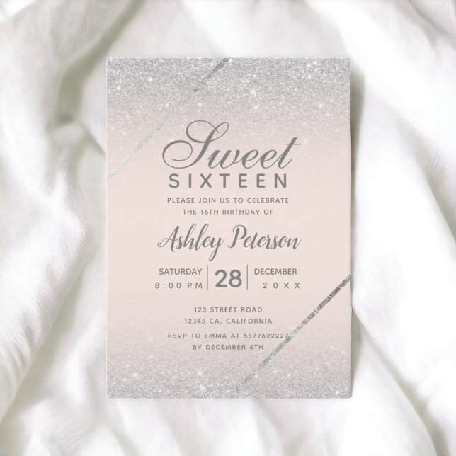 Chic silver glitter script blush pink Sweet 16 Invitation (Chic silver glitter script blush pink Sweet 16 Invitation)