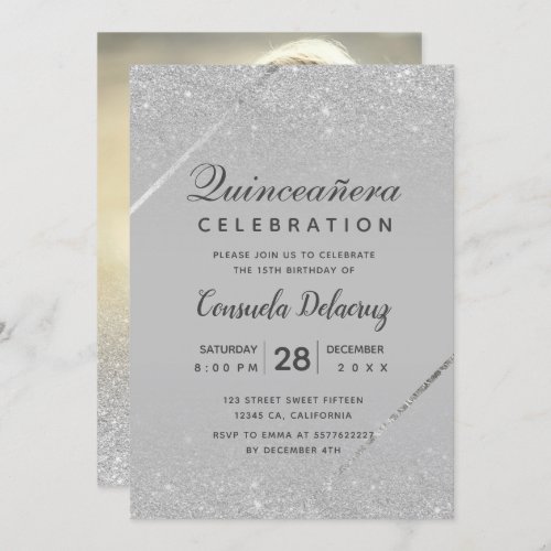 Chic silver glitter script gray photo Quinceanera Invitation