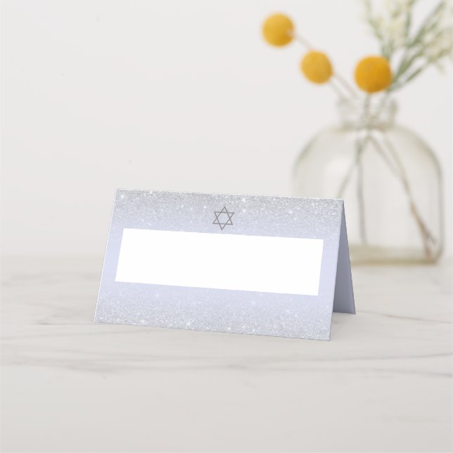 Chic silver glitter script lavender Bat Mitzvah Place Card (Front)
