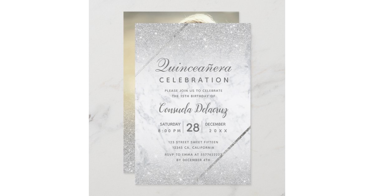 Chic silver glitter script marble Quinceanera Invitation | Zazzle