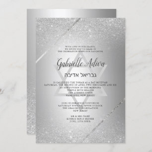 Chic silver glitter script metallic Bat Mitzvah Invitation