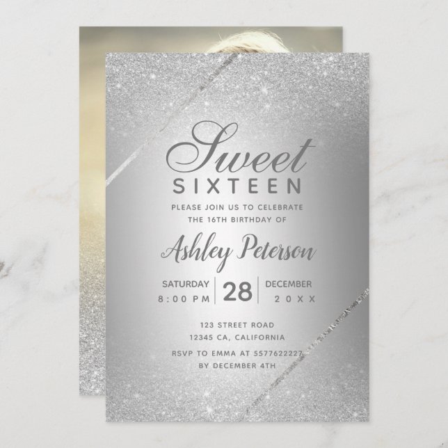 Chic silver glitter script metallic Sweet 16 Invitation (Front/Back)