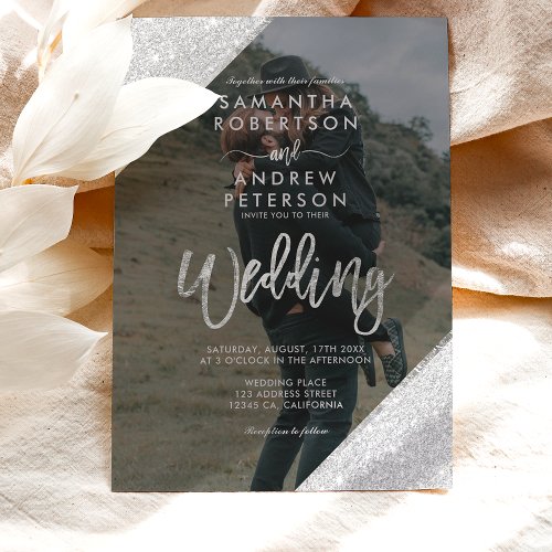 Chic silver glitter script navy blue wedding photo invitation