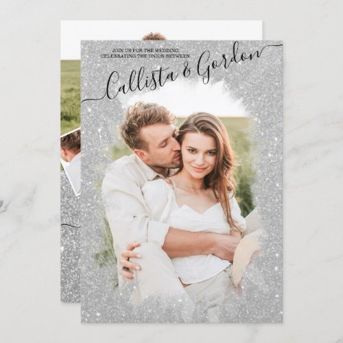 Chic Silver Glitter Script Photo Collage Wedding Invitation