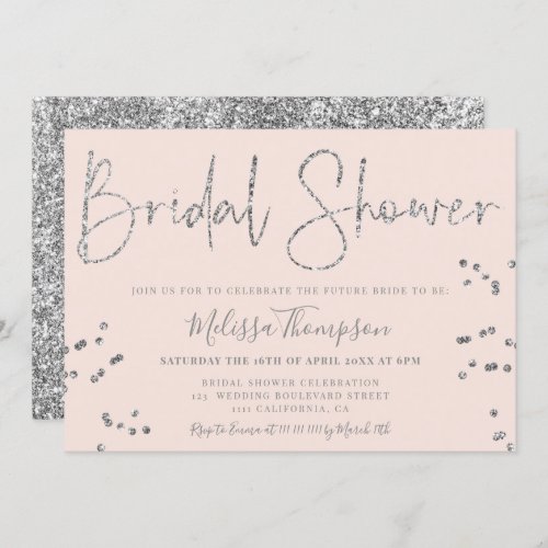 Chic silver glitter script pink bridal shower invitation