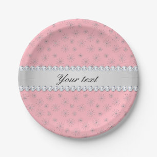 Chic Silver Glitter Snowflakes Pink Paper Plates