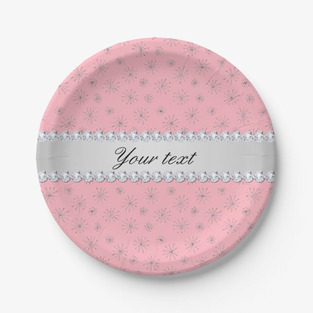 Chic Silver Glitter Snowflakes Pink Paper Plates (Front)