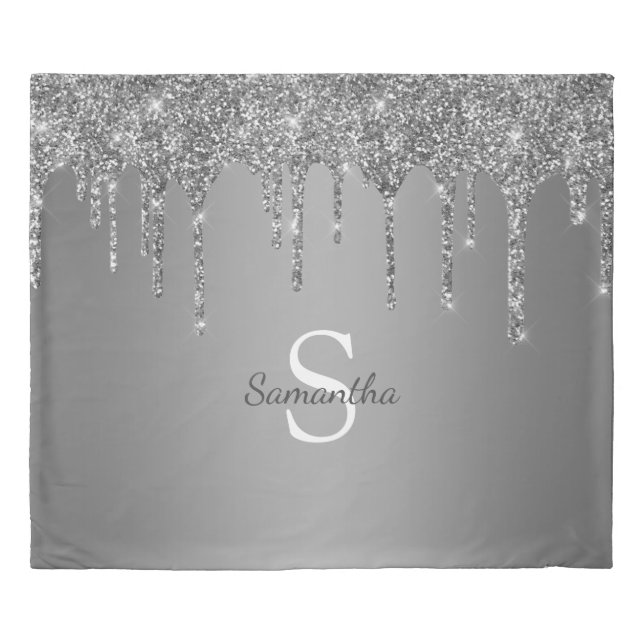 Chic Silver Glitter Sparkle Drips Monogram Name Duvet Cover (Front)