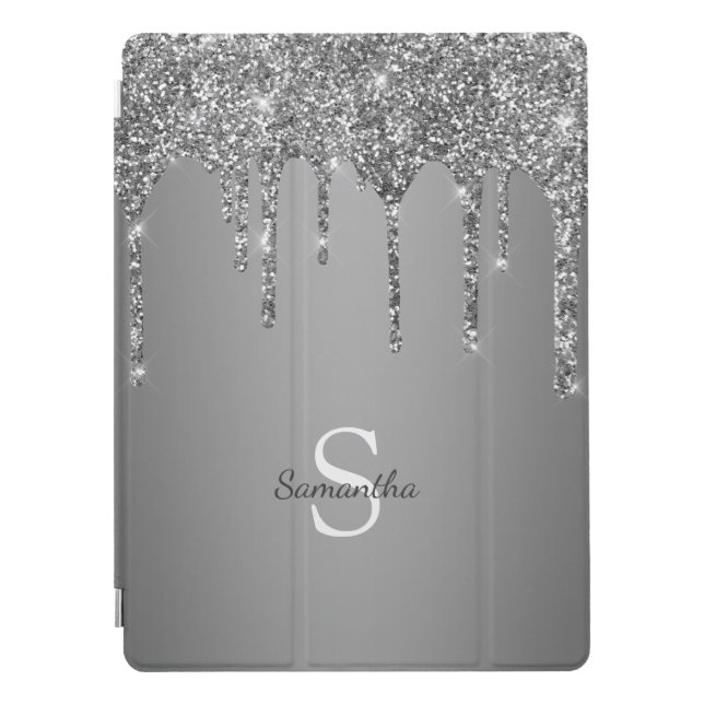 Chic Silver Glitter Sparkle Drips Monogram Name iPad Pro Cover (Front)