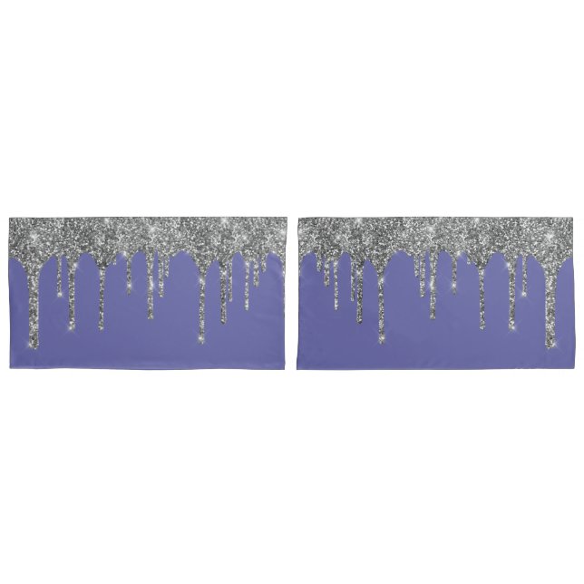 Chic Silver Glitter Sparkle Drips Periwinkle Pillow Case (Front-Set)