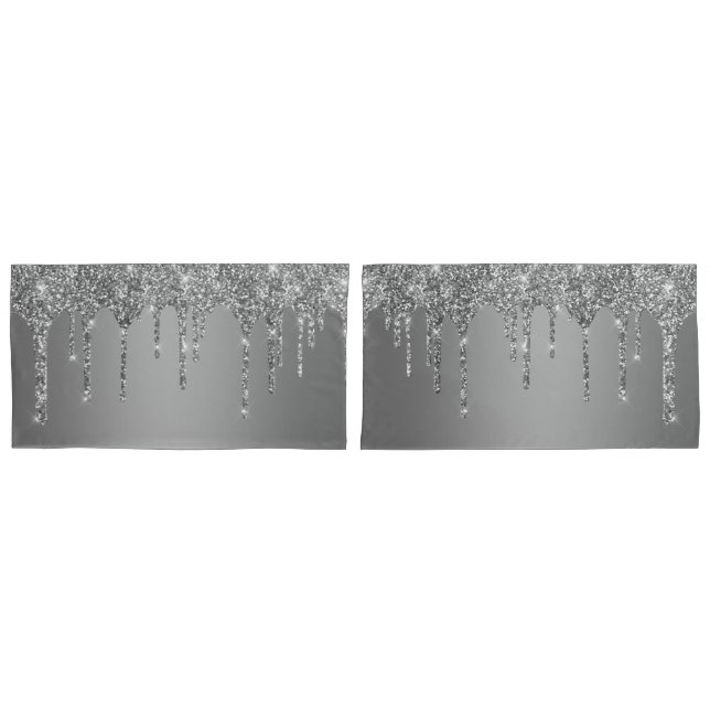 Chic Silver Glitter Sparkle Drips Pillow Case (Front-Set)