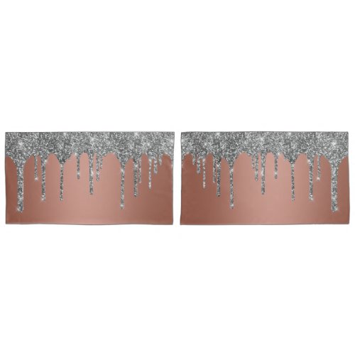 Chic Silver Glitter Sparkle Drips Rose Gold Pillow Case