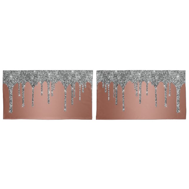 Chic Silver Glitter Sparkle Drips Rose Gold Pillow Case (Front-Set)
