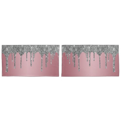 Chic Silver Glitter Sparkle Drips Rose Gold Pink Pillow Case