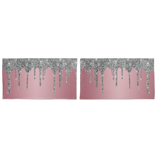 Chic Silver Glitter Sparkle Drips Rose Gold Pink Pillow Case (Front-Set)