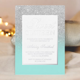 Chic silver glitter sparkles ombre teal Sweet 16 Foil Invitation