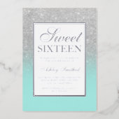 Chic silver glitter sparkles ombre teal Sweet 16 Foil Invitation (Front)