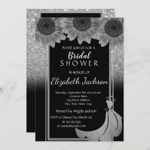 Chic Silver Glitter Sunflowers Dress Bridal Shower Invitation