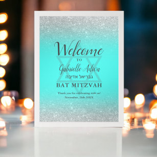 Chic silver glitter teal Bat Mitzvah welcome Poster