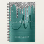 Chic Silver Glitter Teal Brushed Metal 2024 Planner<br><div class="desc">This chic and elegant personalized planner features your monogram initial in the center with your name in white script on a background of teal brushed metallic and top border of  faux silver dripping glitter. Below it reads "20XX PLANNER". Designed just for you by ExtremeTees.</div>