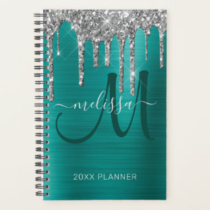 Chic Silver Glitter Teal Brushed Metal 2024 Planner