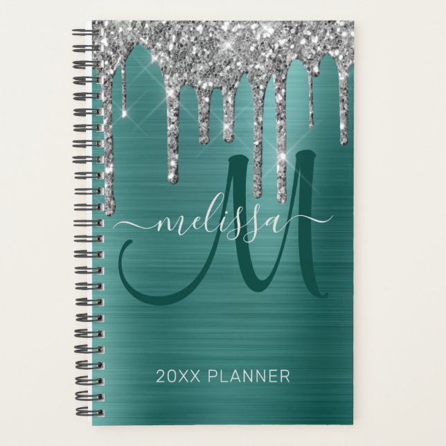 Chic Silver Glitter Teal Brushed Metal 2024 Planner (Front)