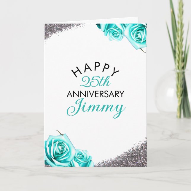 Chic Silver Glitter Teal Rose Husband Anniversary Card (Front)