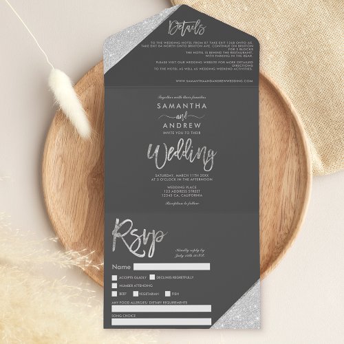 Chic silver glitter typography gray wedding all in one invitation